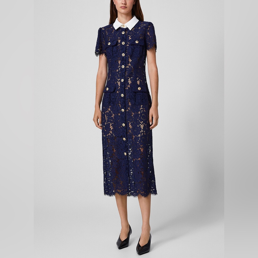 New with tags - Self-Portrait Navy Lace Midi Dress with White Collar US 4 - Picture 15 of 17
